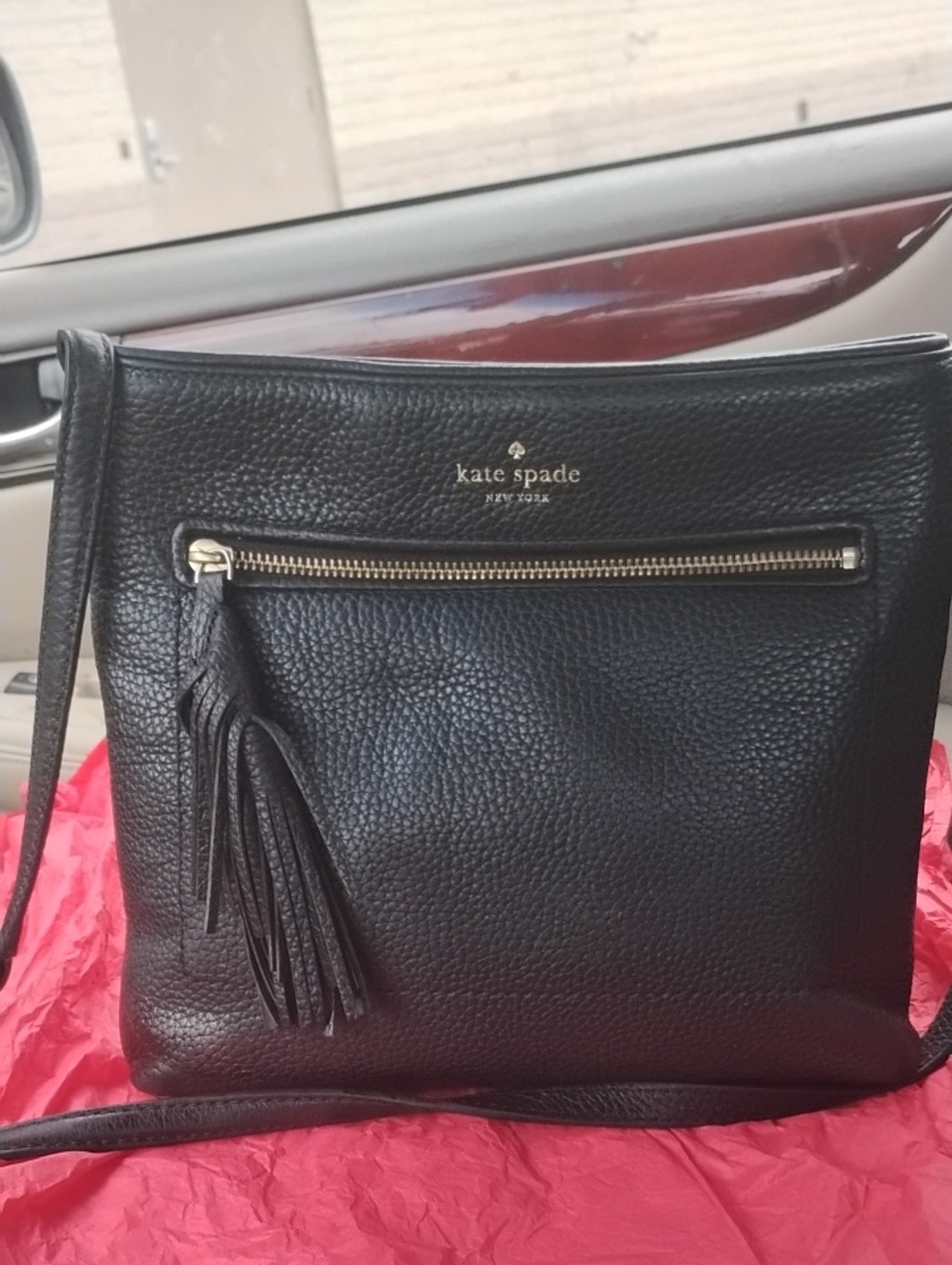 kate spade Black Pebbled Leather Crossbody with Tassel and Front Zip